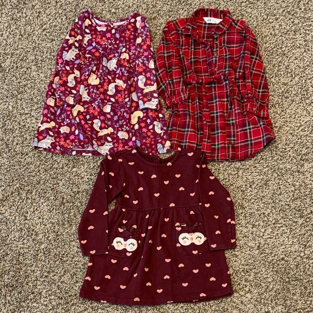 Set of Three Girls' Dresses in Red and Burgundy size T2 and 24months